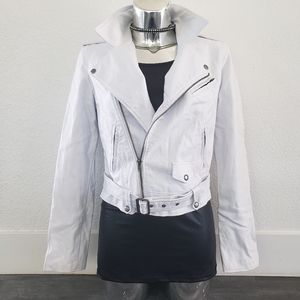 White Classic Motorcycle Crop Jacket w/Belt